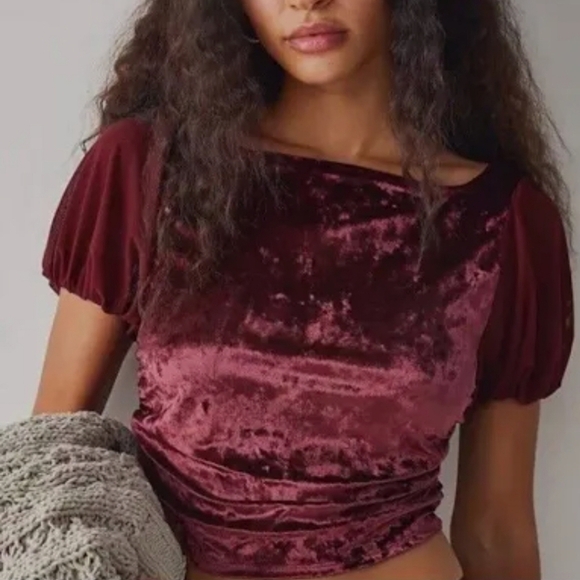 Free People Tops - NWOT FREE PEOPLE INTIMATELY Burgundy Midnight mood velvet mesh sleeves c…